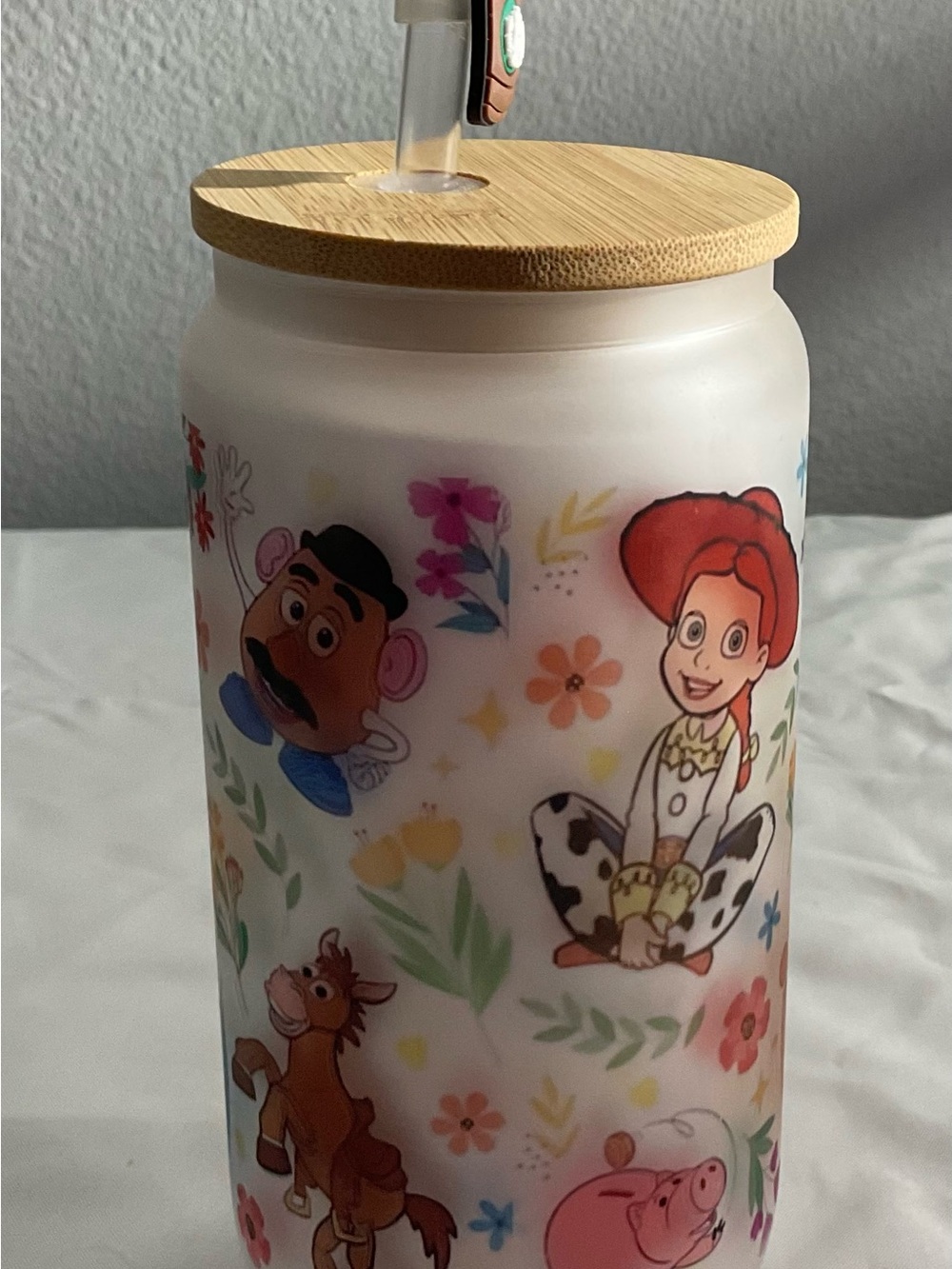 Toy Story Frosted Glass Can Tumbler with Bamboo Lid and Straw Topper - NEW